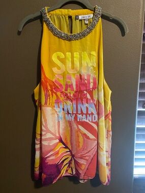 Hand crafted colorful summer tank top with beaded neckline